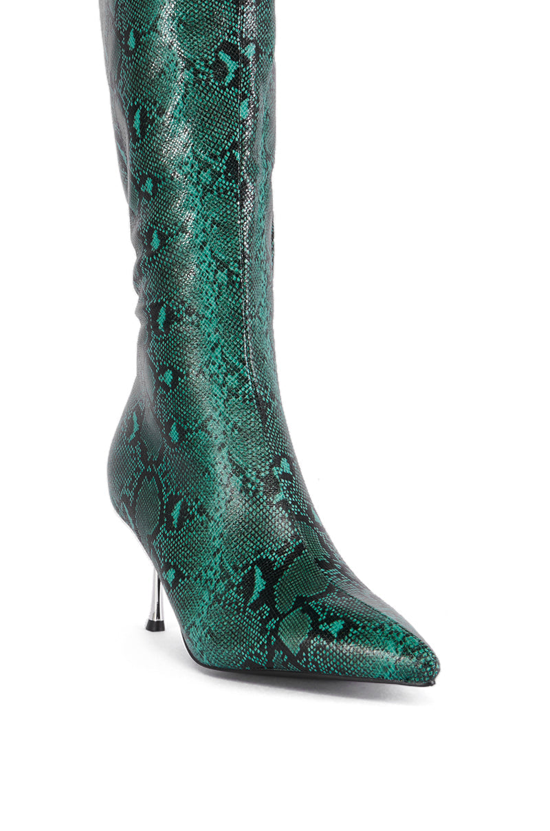 AZALEA WANG JACARANDA GREEN SNAKE EMBOSSED EMBELLISHED HEEL BOOT