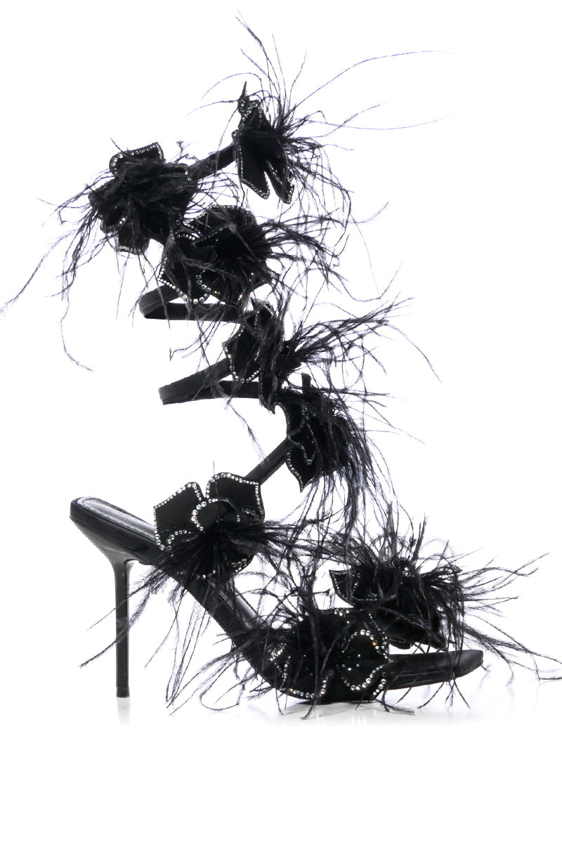AZALEA WANG JAYLENE BLACK FLOWER EMBELLISHED COIL SANDAL