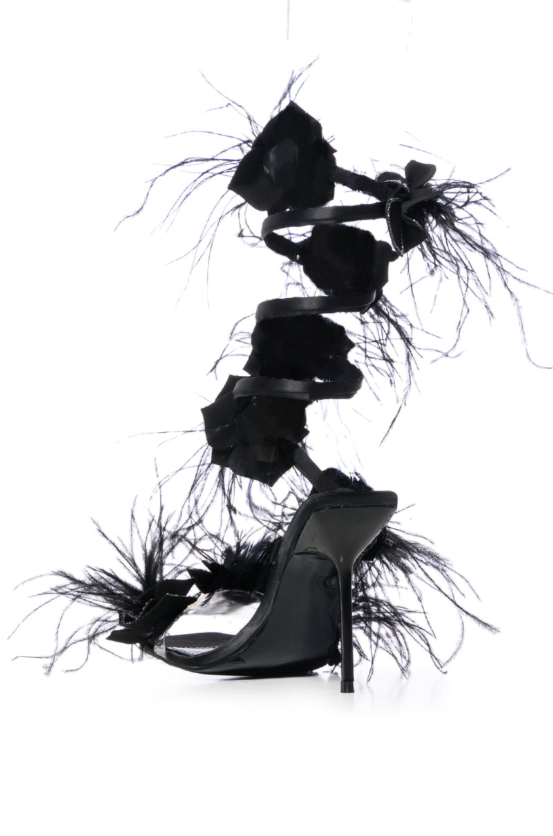 AZALEA WANG JAYLENE BLACK FLOWER EMBELLISHED COIL SANDAL