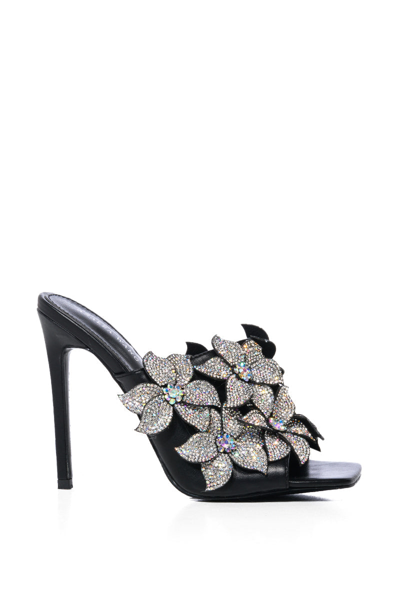 AZALEA WANG LENA EMBELLISHED FLOWER SLIP ON SANDAL IN BLACK