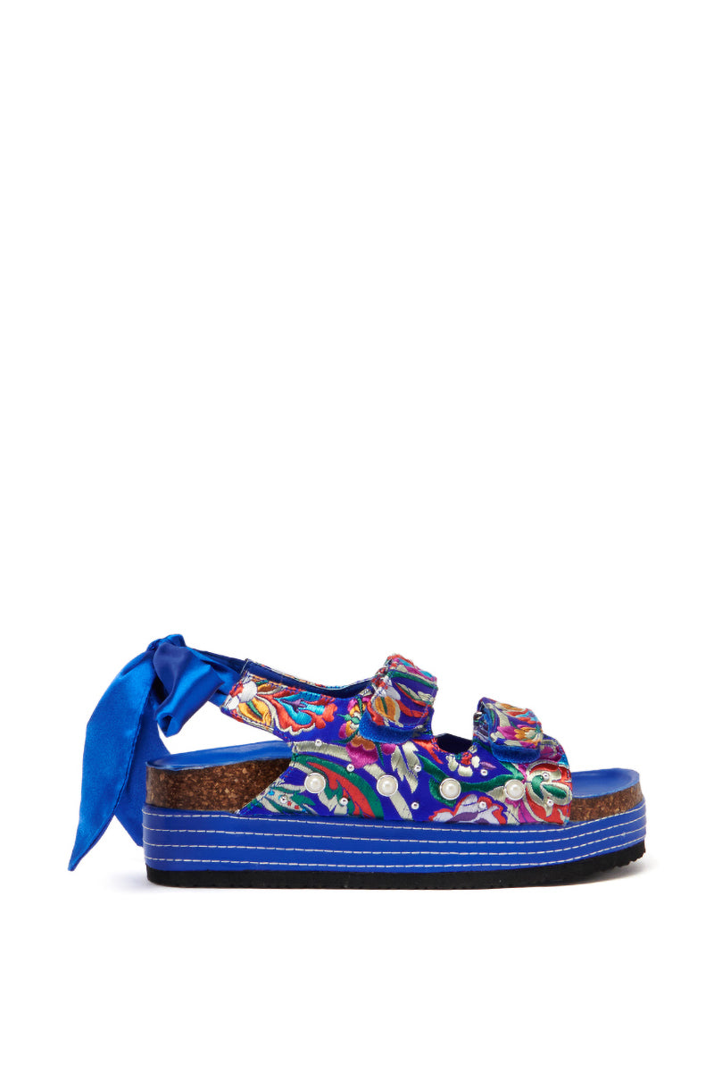 AZALEA WANG MACKLEY BROCADE IN BLUE FLATFORM SANDAL