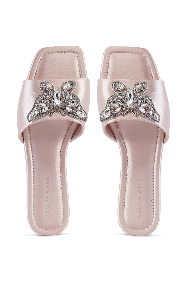 AZALEA WANG MARIANO ROSE GOLD SATIN BUTTERFLY SLIP ON FLAT SANDAL