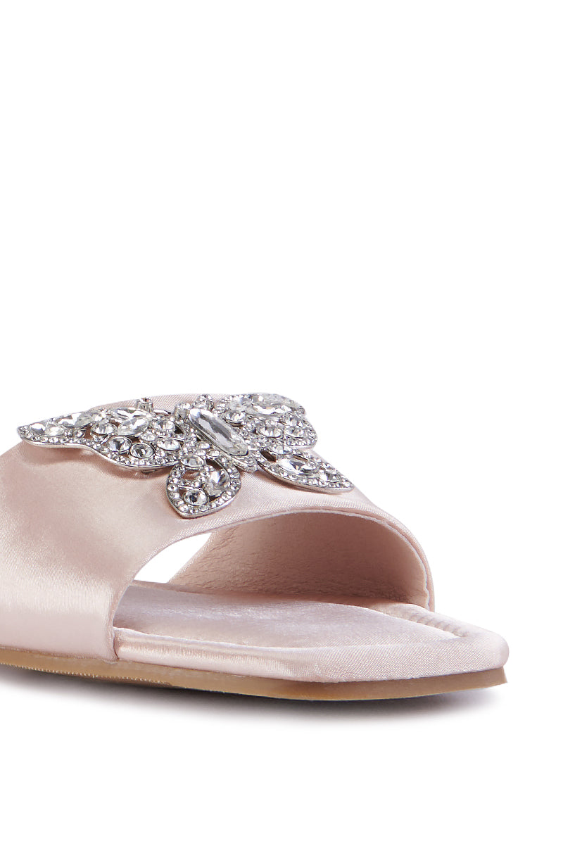 AZALEA WANG MARIANO ROSE GOLD SATIN BUTTERFLY SLIP ON FLAT SANDAL