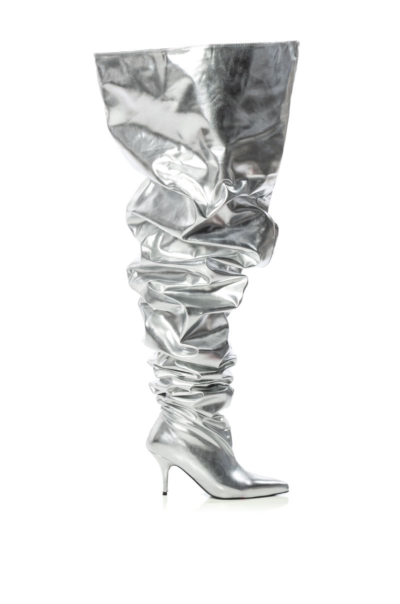 AZALEA WANG NEMY SILVER KITTEN HEEL THIGH HIGH BOOT