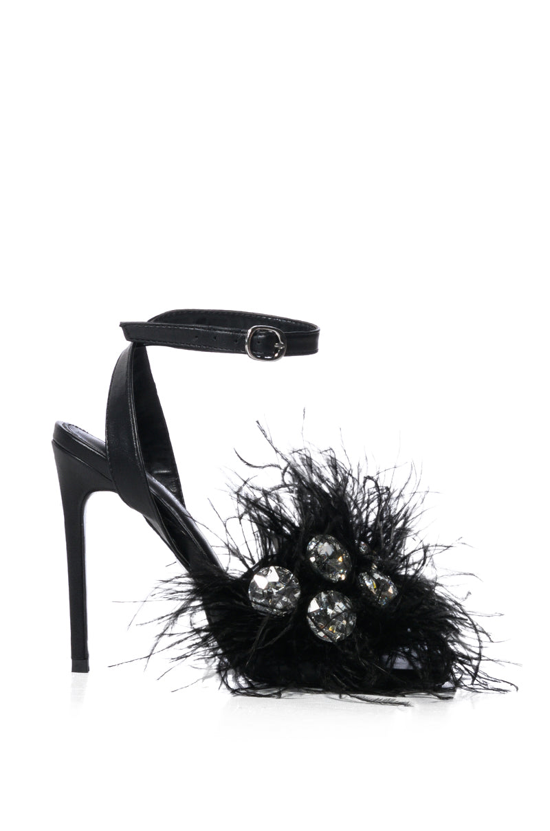 AZALEA WANG PAVO FEATHER EMBELLISHED SANDAL IN BLACK