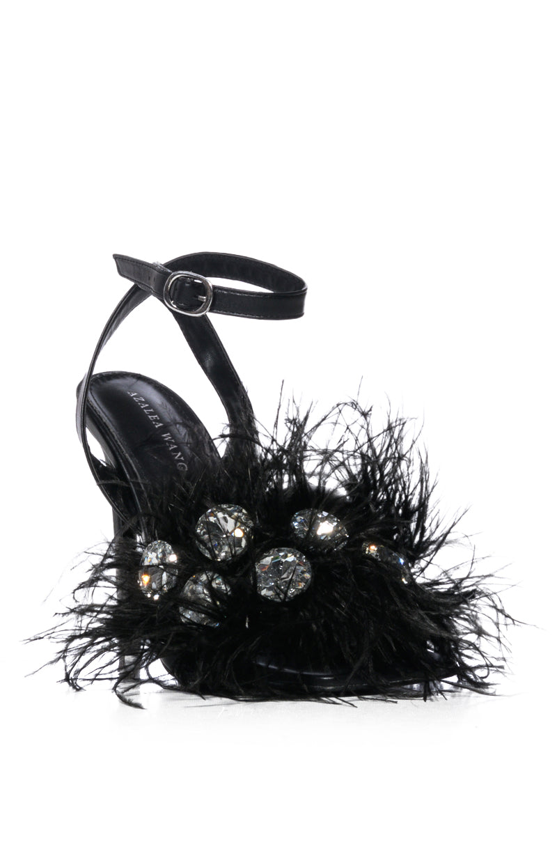 AZALEA WANG PAVO FEATHER EMBELLISHED SANDAL IN BLACK