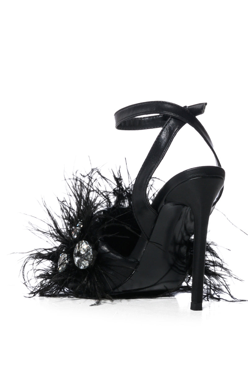 AZALEA WANG PAVO FEATHER EMBELLISHED SANDAL IN BLACK