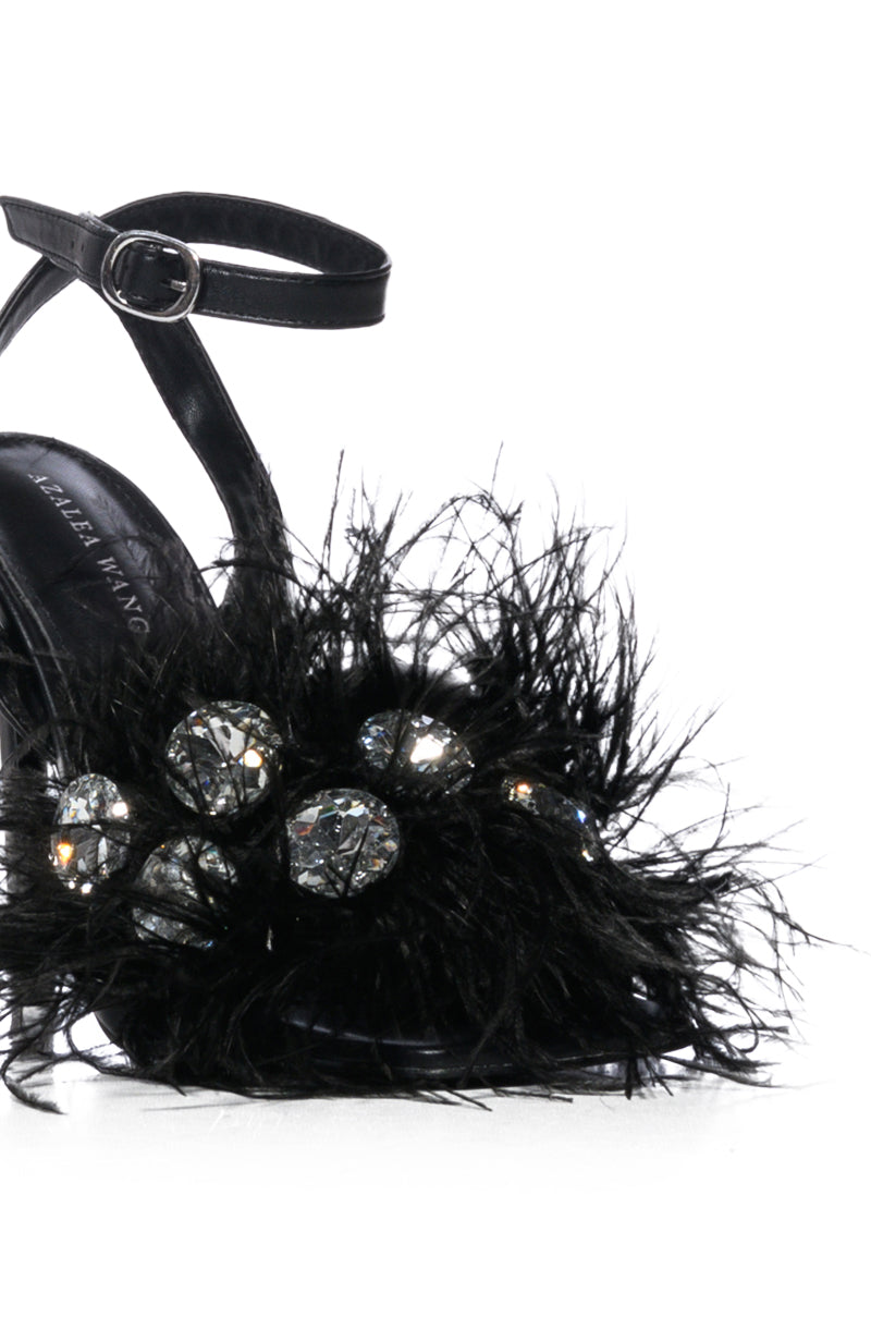 AZALEA WANG PAVO FEATHER EMBELLISHED SANDAL IN BLACK