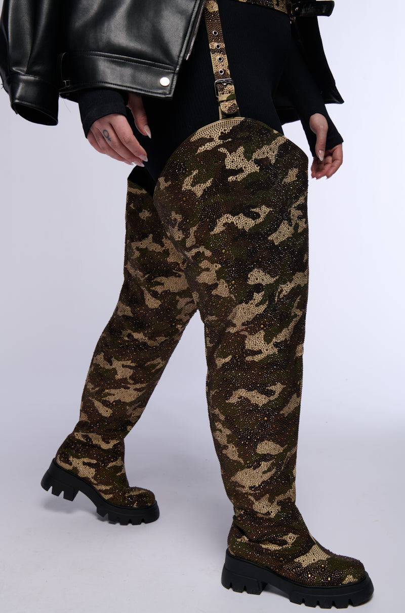 AZALEA WANG POP OUT RHINESTONE CAMO FLATFORM CHAP BOOT