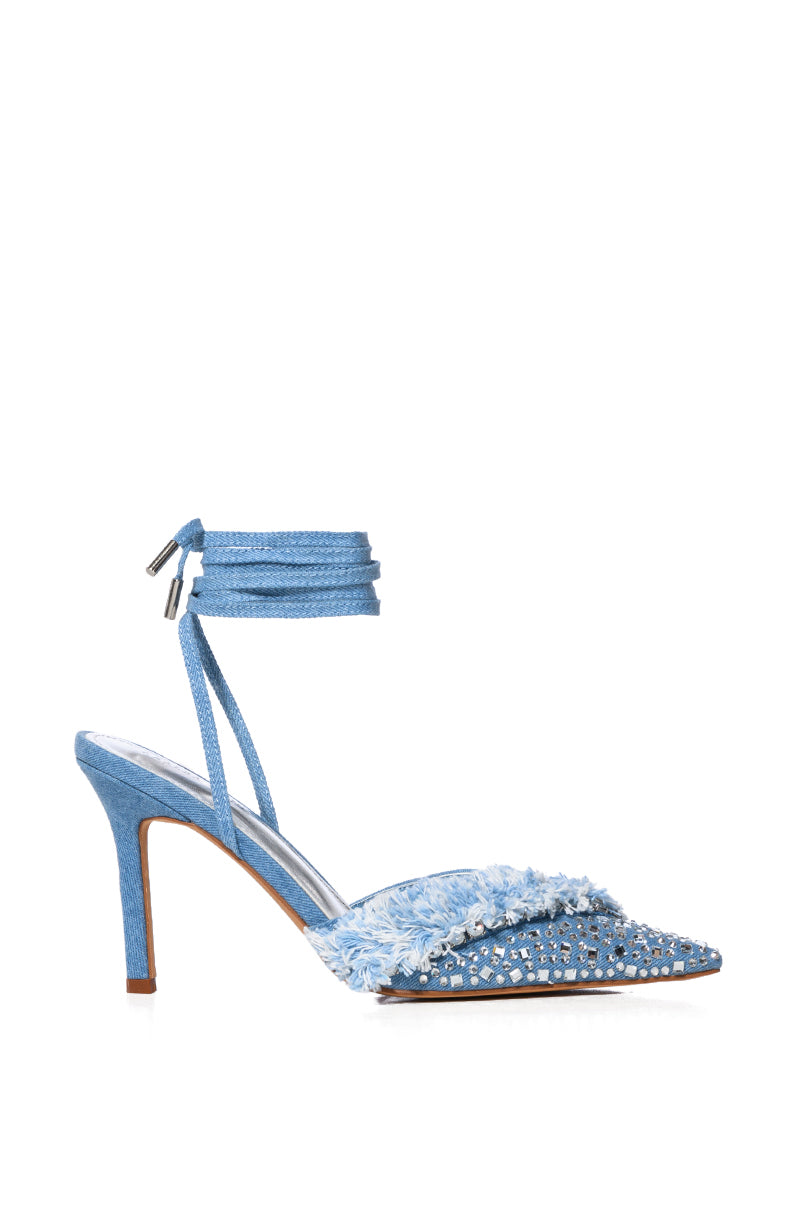 AZALEA WANG RAINI STRAPPY EMBELLISHED PUMP IN DENIM