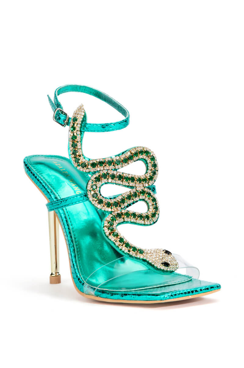 AZALEA WANG COBRA SNAKE RHINESTONE STILETTO HEEL IN METALLIC