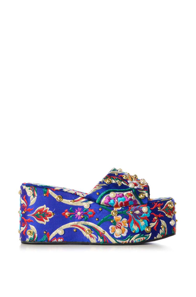 AZALEA WANG RUSSEL EMBELLISHED BROCADE PLATFORM SANDAL IN BLUE