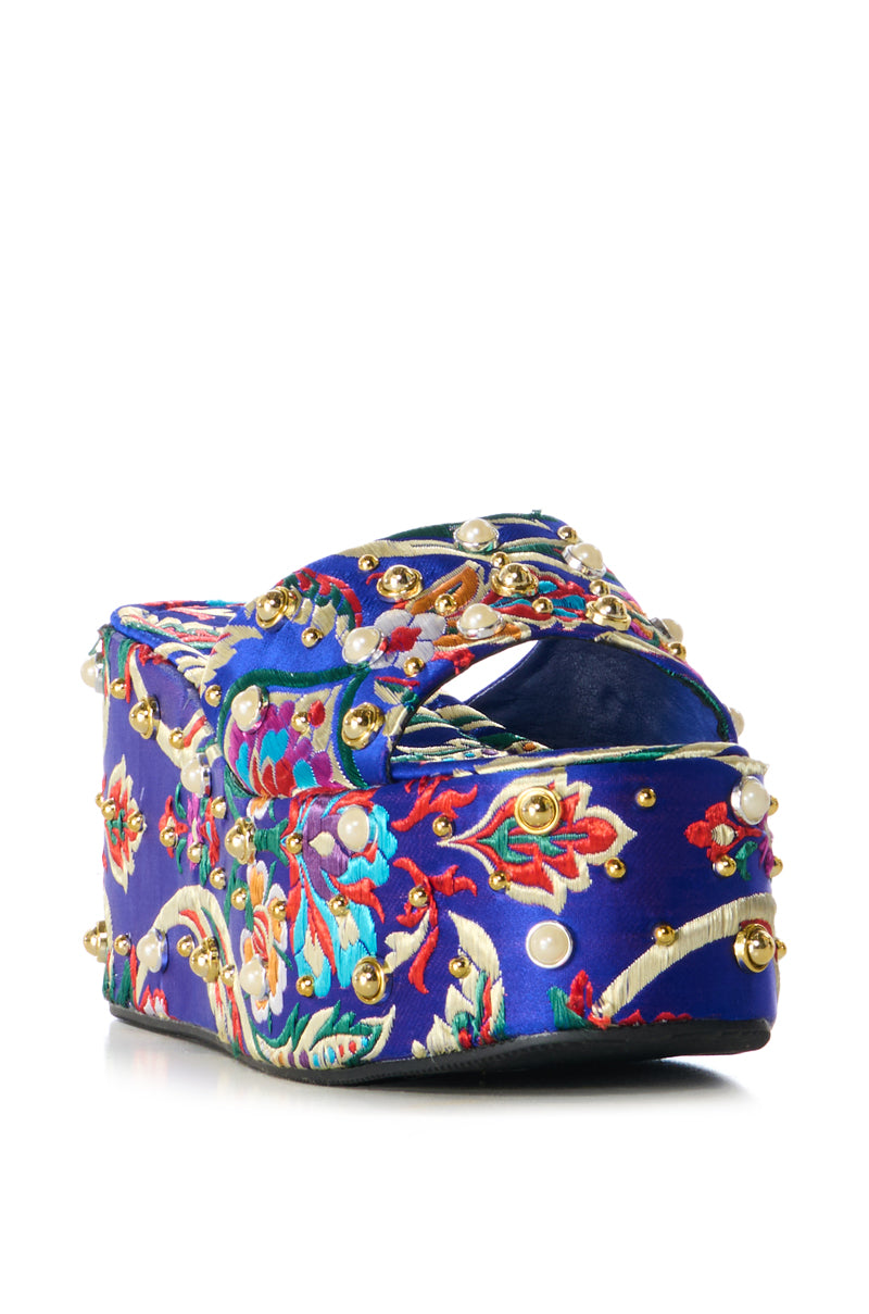 AZALEA WANG RUSSEL EMBELLISHED BROCADE PLATFORM SANDAL IN BLUE