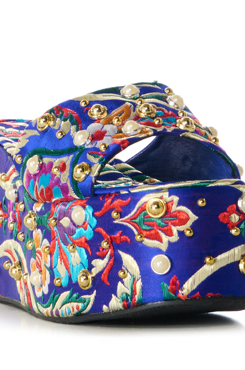 AZALEA WANG RUSSEL EMBELLISHED BROCADE PLATFORM SANDAL IN BLUE