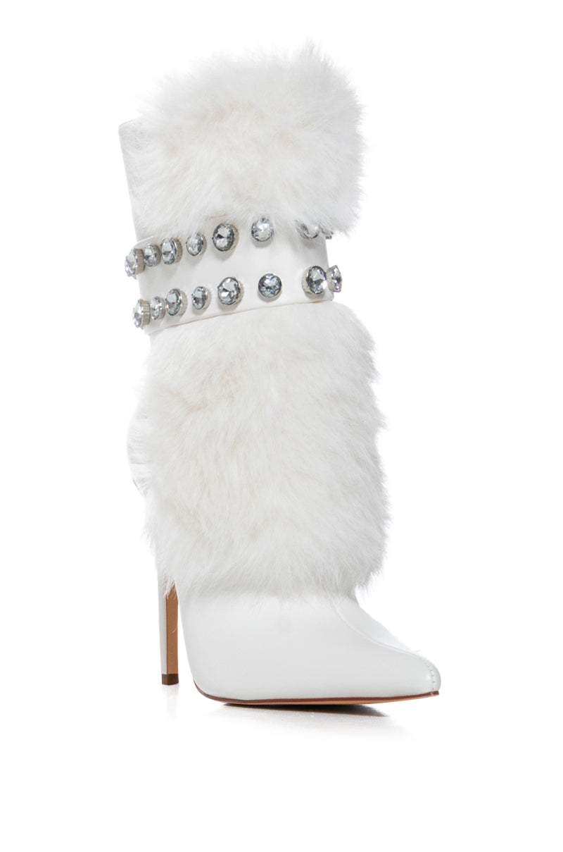 AZALEA WANG STATEN WHITE FUZZY EMBELLISHED BOOTIE