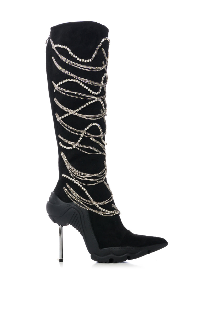 AZALEA WANG TATY BLACK CHAIN EMBELLISHED BOOT