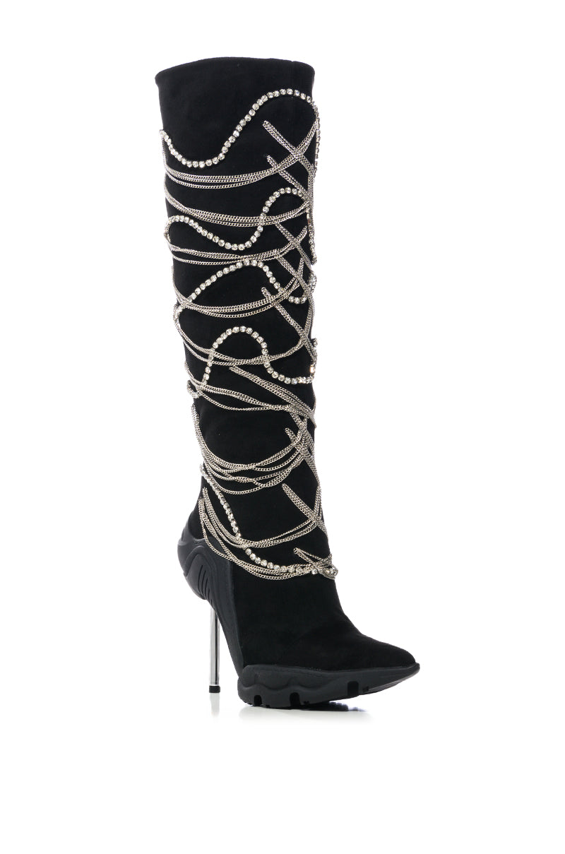 AZALEA WANG TATY BLACK CHAIN EMBELLISHED BOOT