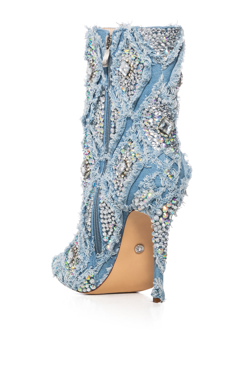 AZALEA WANG YOSHA DENIM EMBELLISHED BOOTIE