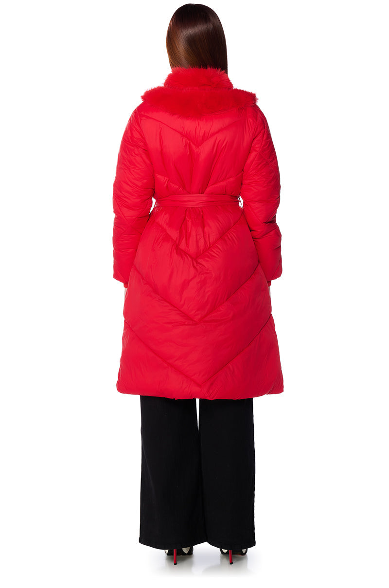BABBS PUFFER COAT WITH FAUX FUR TRIM IN RED