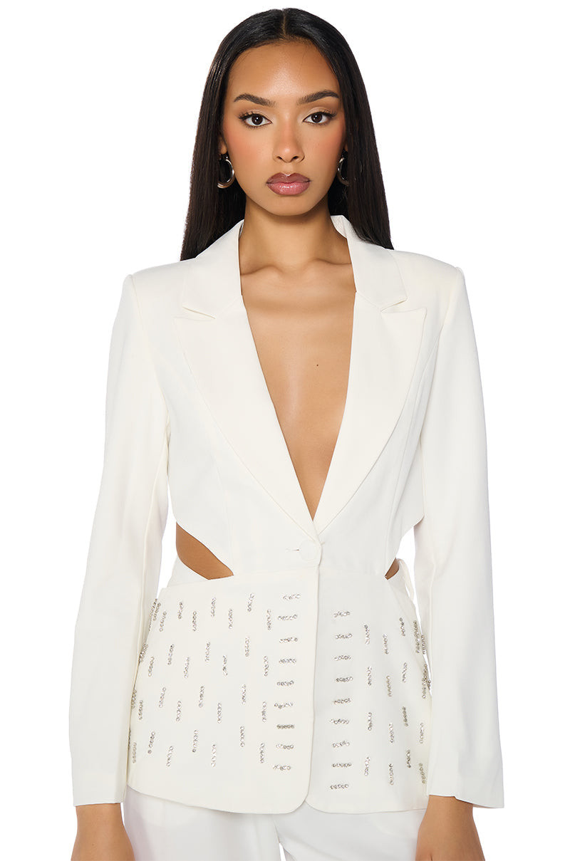 BACK CUT RHINESTONE BLAZER IN WHITE