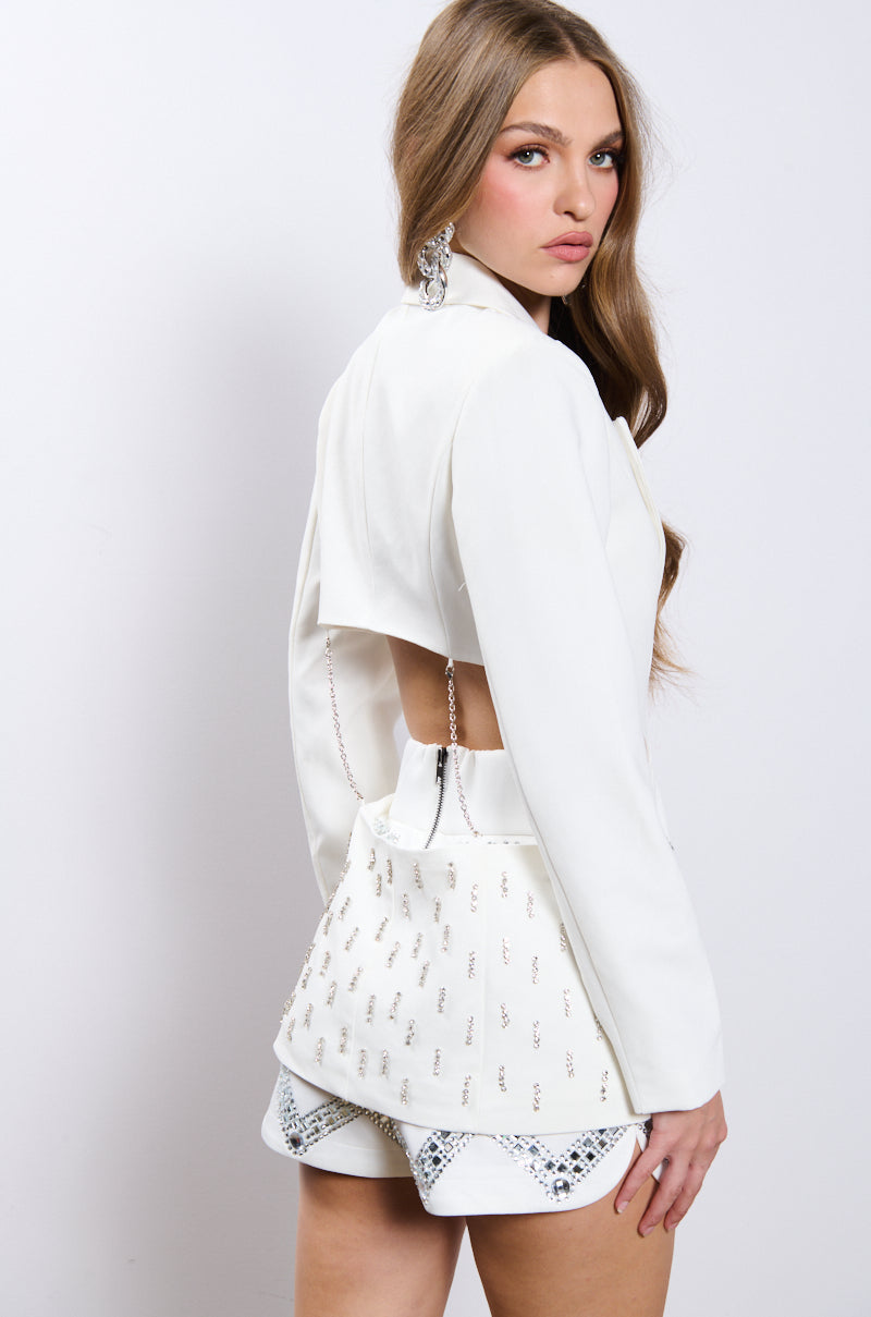 BACK CUT RHINESTONE BLAZER IN WHITE