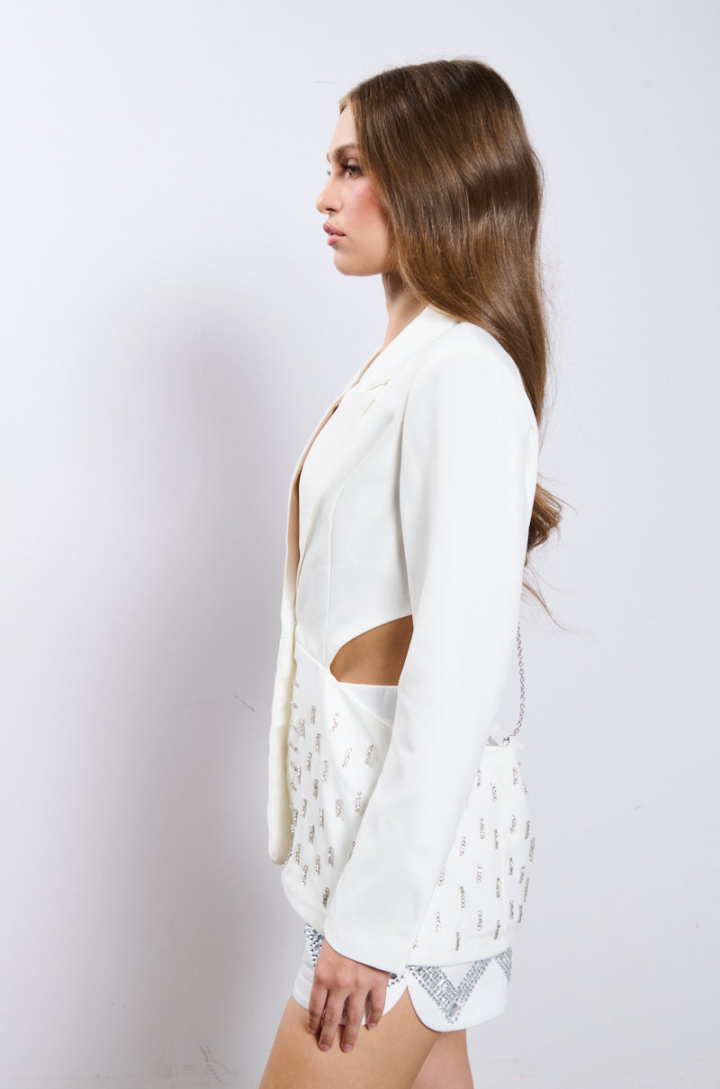 BACK CUT RHINESTONE BLAZER IN WHITE