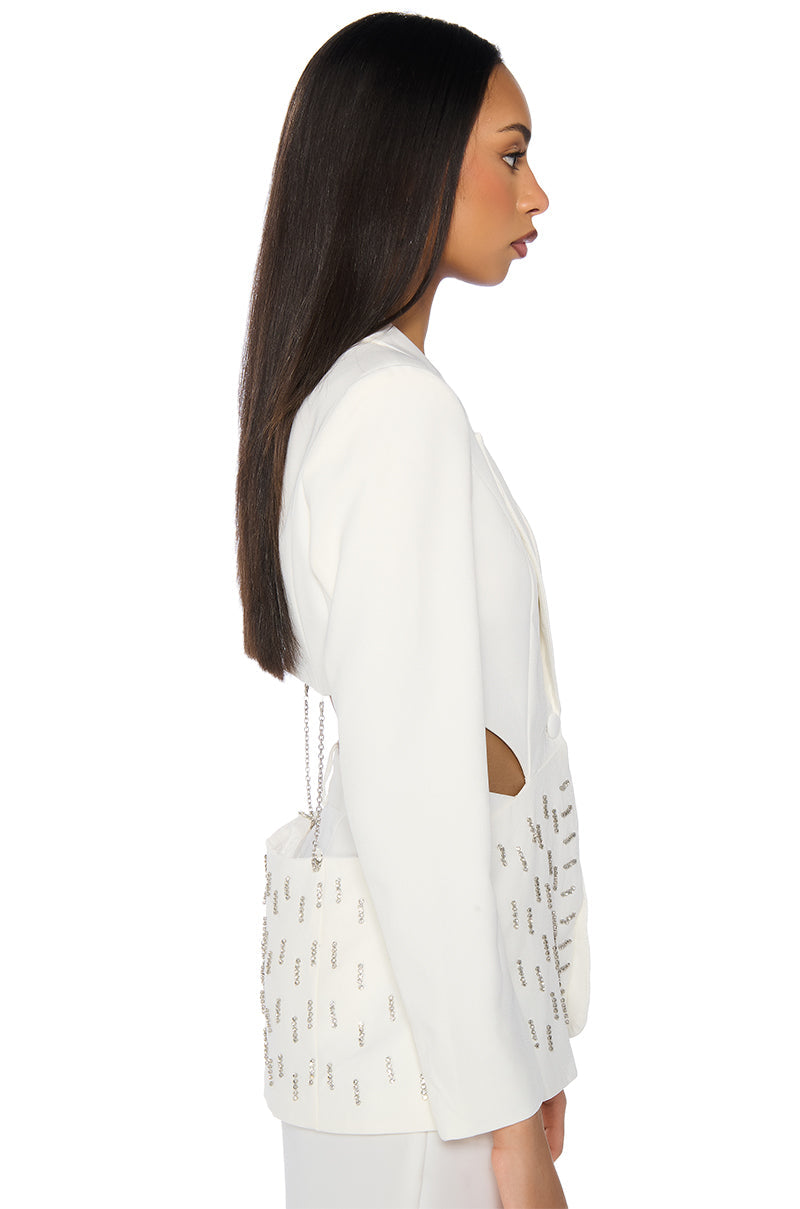 BACK CUT RHINESTONE BLAZER IN WHITE