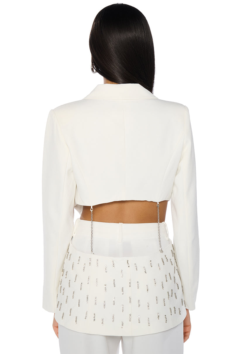 BACK CUT RHINESTONE BLAZER IN WHITE