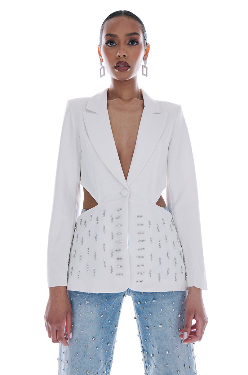 BACK CUT RHINESTONE BLAZER IN WHITE