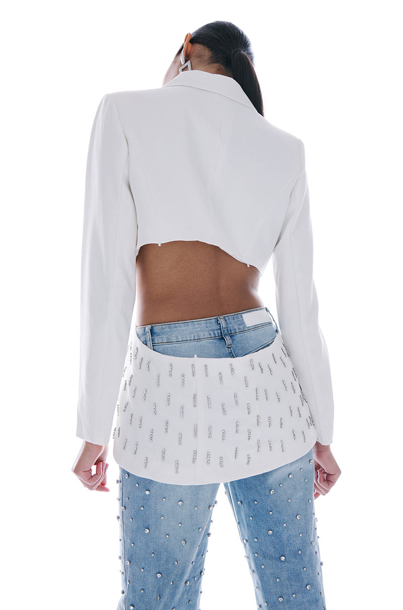 BACK CUT RHINESTONE BLAZER IN WHITE