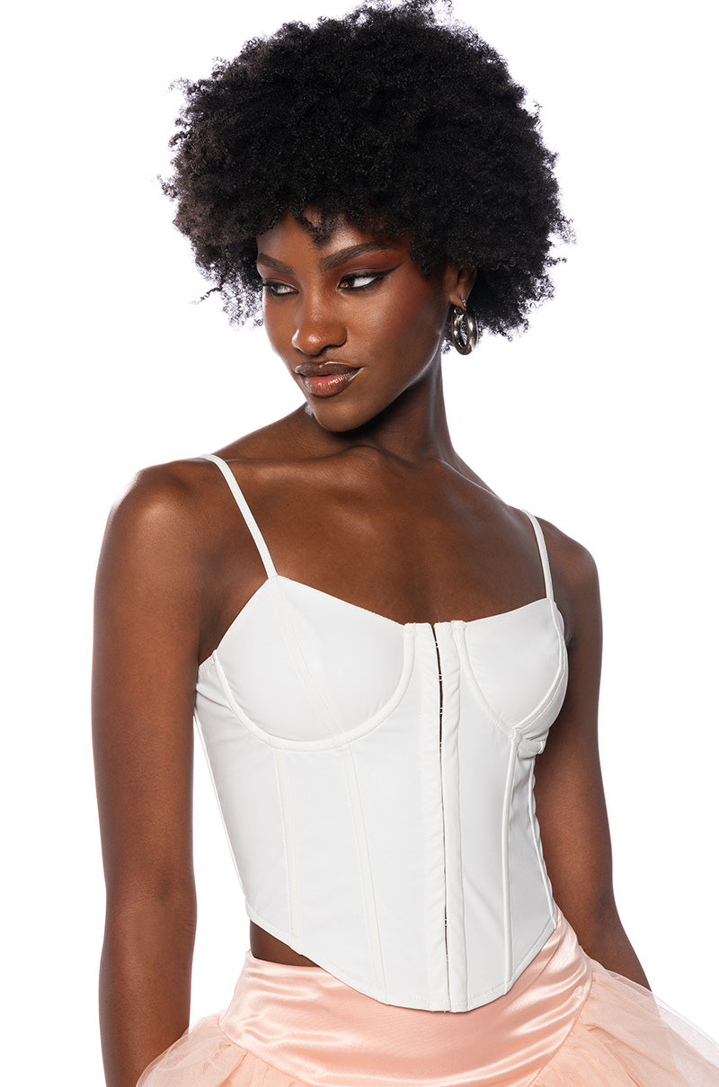 BE ABOUT IT SLEEVELESS FAUX LEATHER CORSET