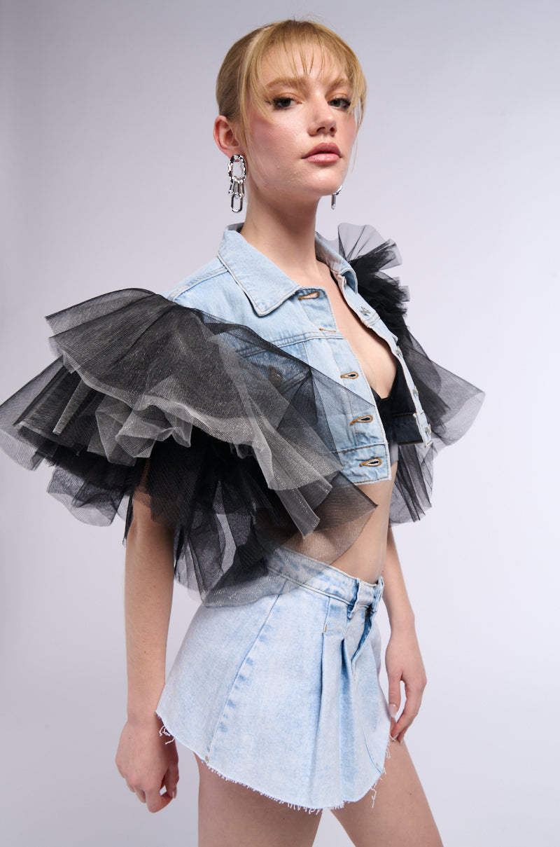 BEBE LUXE TULLE SHOULDER CROPPED DENIM VEST