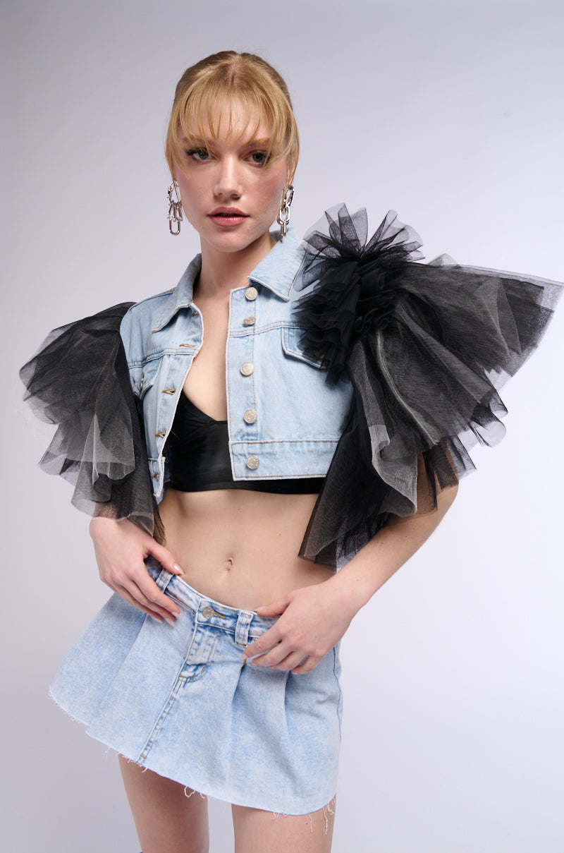 BEBE LUXE TULLE SHOULDER CROPPED DENIM VEST