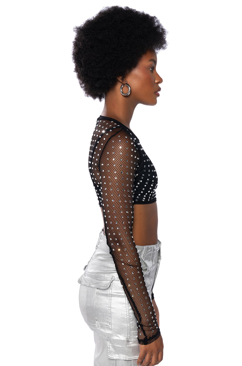 BEJEWELED LONG SLEEVE MESH TOP