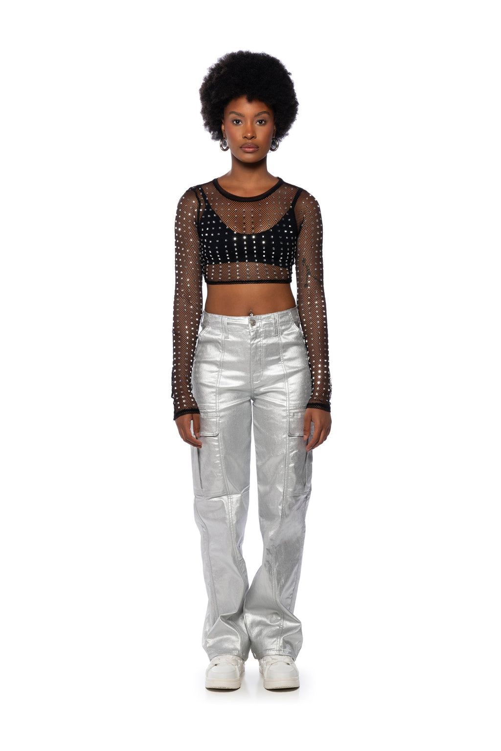 BEJEWELED LONG SLEEVE MESH TOP