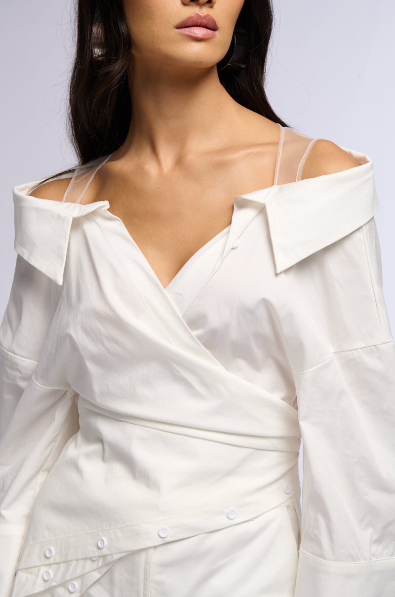 BILLY OFF THE SHOULDER WRAP FRONT BLOUSE