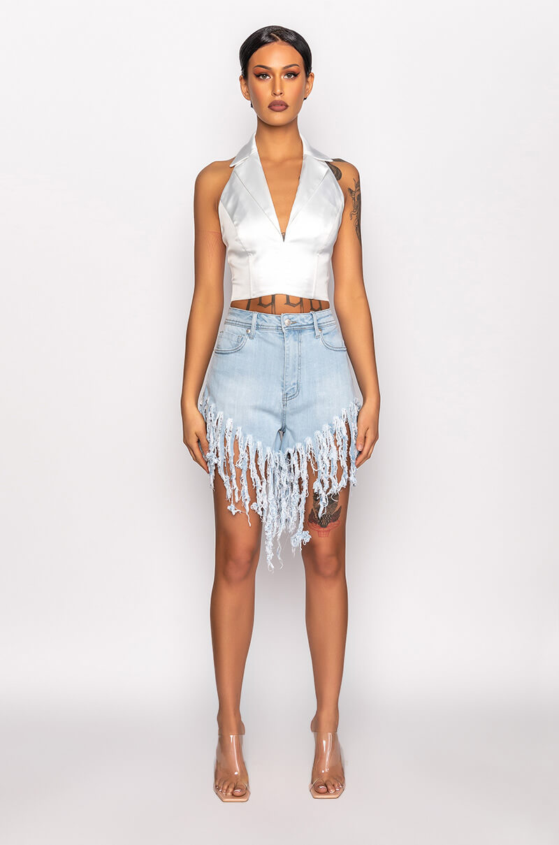 BLUE LAGOON SUPER SHREDDED FRINGE DENIM SHORT