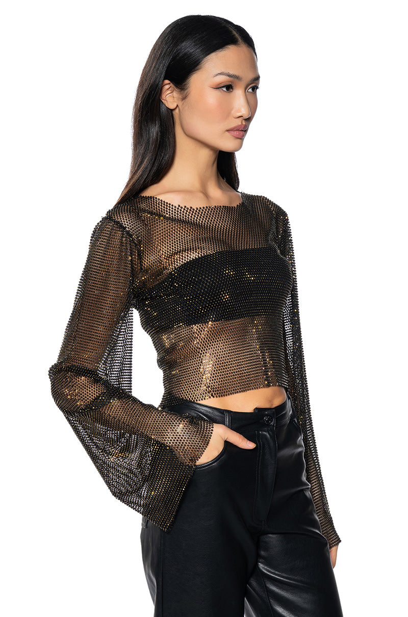 BLURRED LOVE LONG SLEEVE RHINESTONE TOP IN BLACK