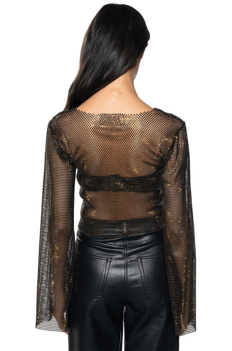 BLURRED LOVE LONG SLEEVE RHINESTONE TOP IN BLACK