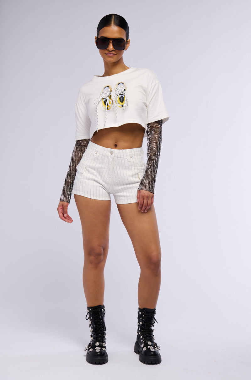BRITTNI RHINESTONE CARGO DENIM SHORT IN WHITE