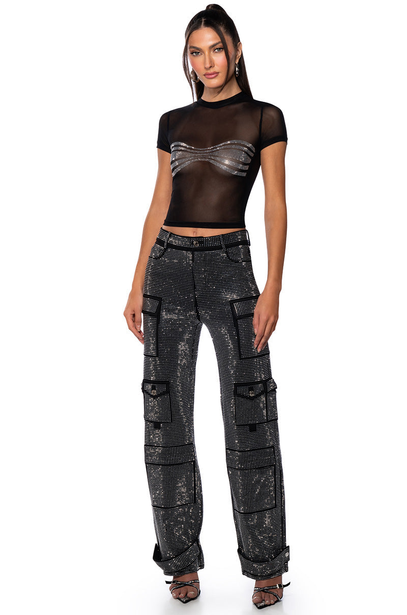 BROOKLYN EMBELLISHED MESH CROP T SHIRT