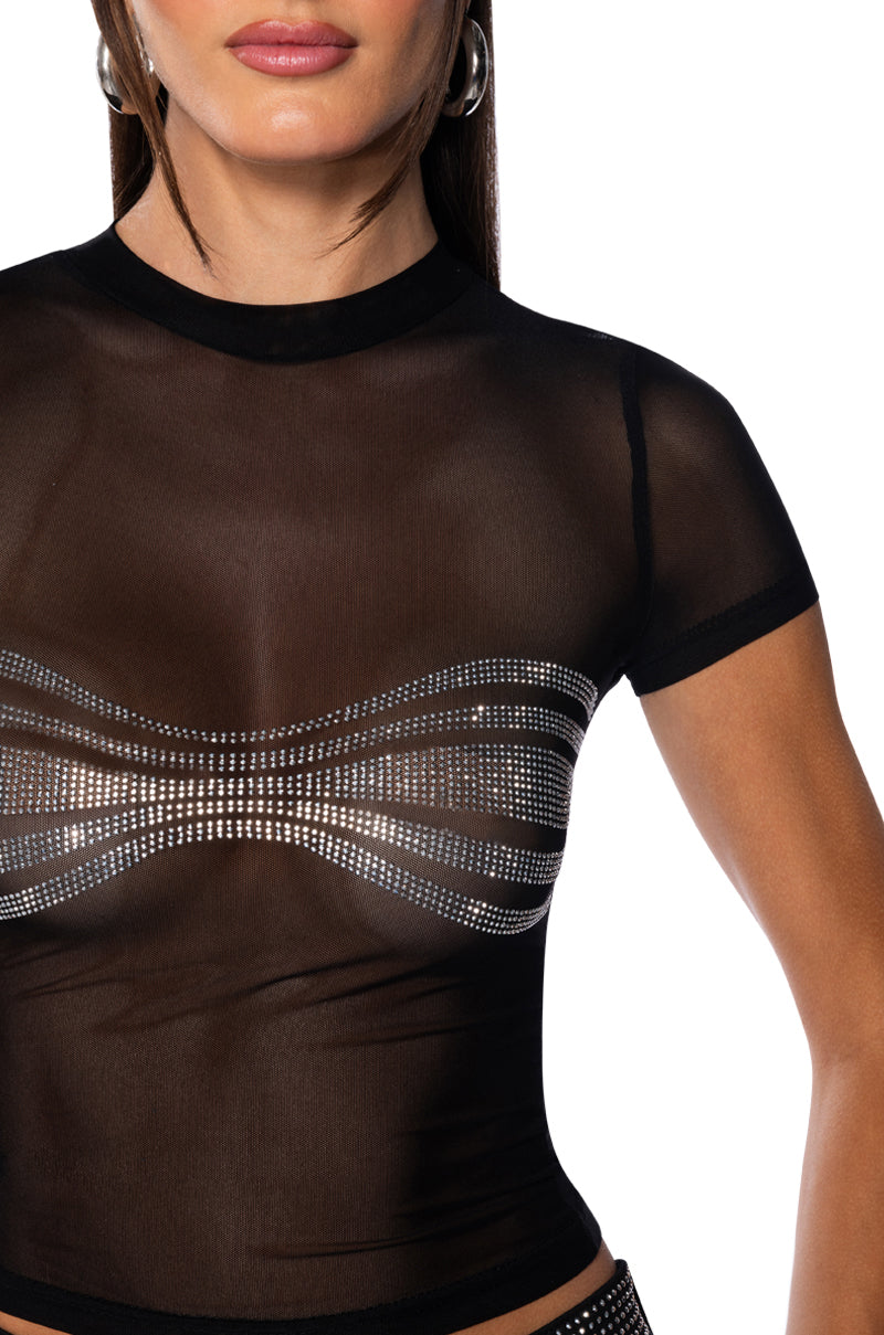 BROOKLYN EMBELLISHED MESH CROP T SHIRT