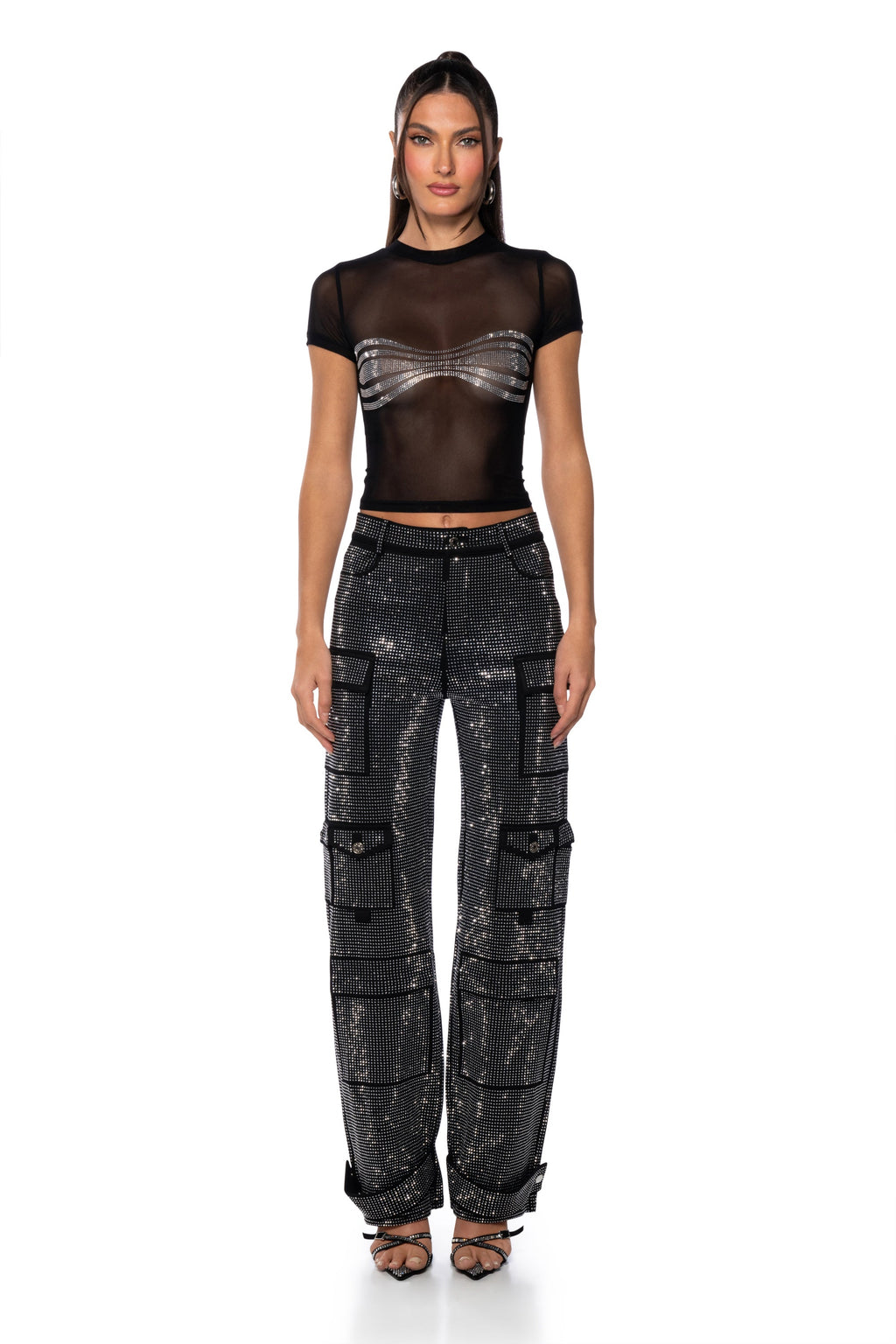 BROOKLYN EMBELLISHED MESH CROP T SHIRT