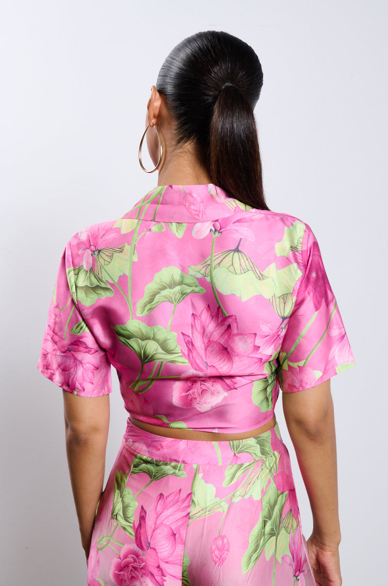 CATCH ME IN MIAMI PRINTED SATIN SHIRT