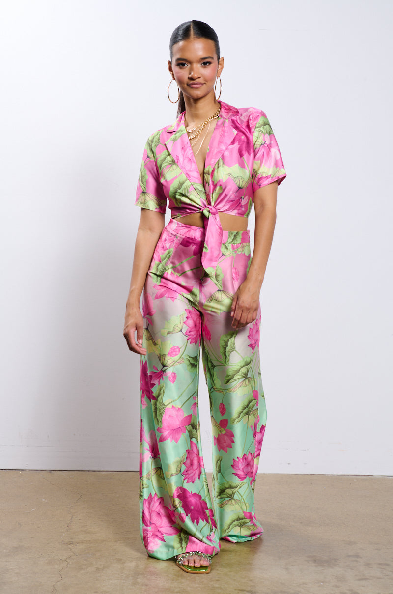 CATCH ME IN MIAMI PRINTED SATIN SHIRT