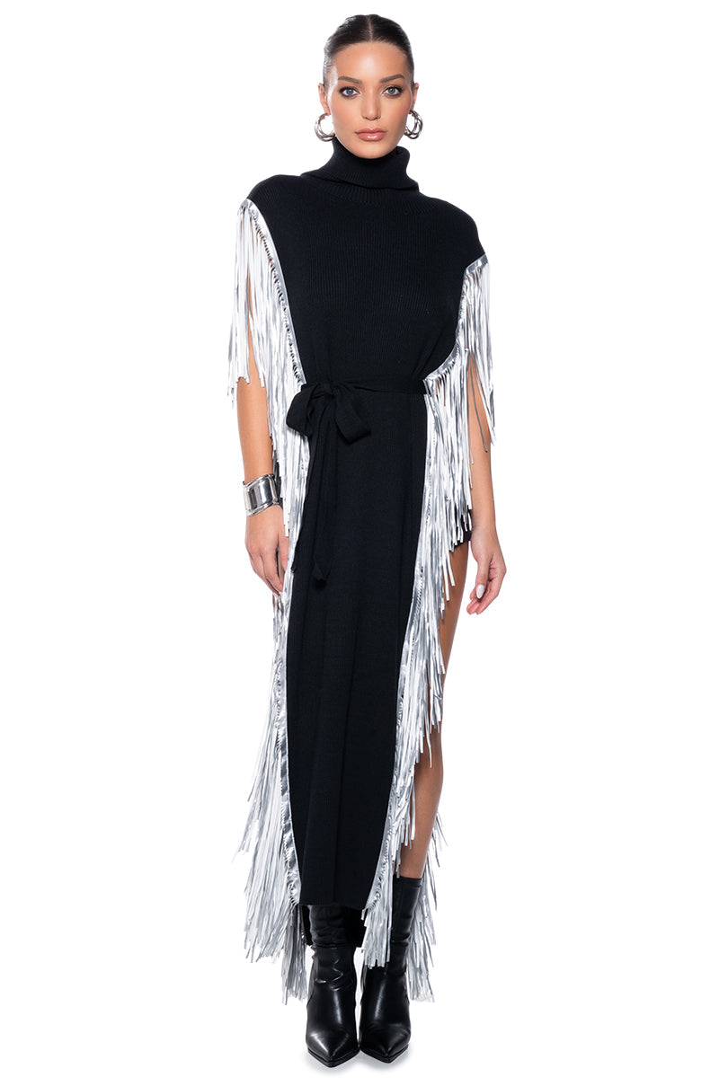 CHEYENNE FAUX LEATHER FRINGE BELTED SWEATER