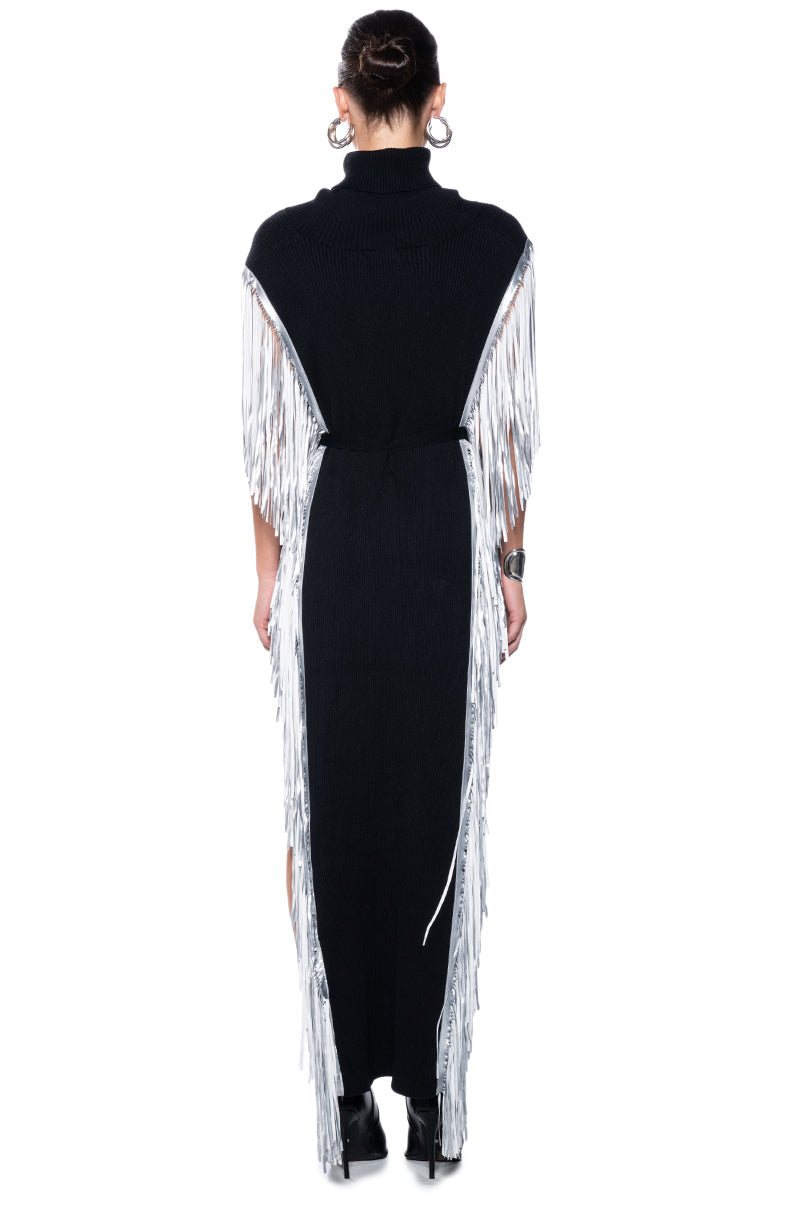 CHEYENNE FAUX LEATHER FRINGE BELTED SWEATER