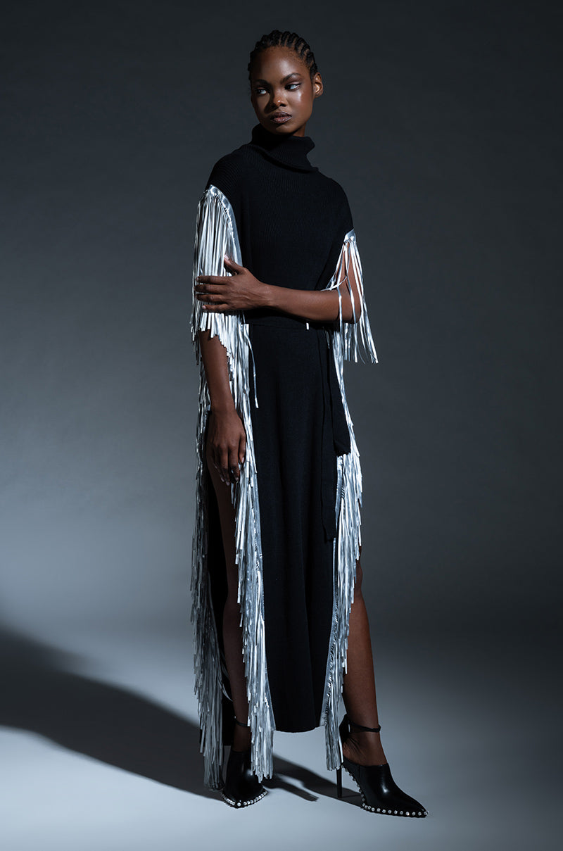 CHEYENNE FAUX LEATHER FRINGE BELTED SWEATER