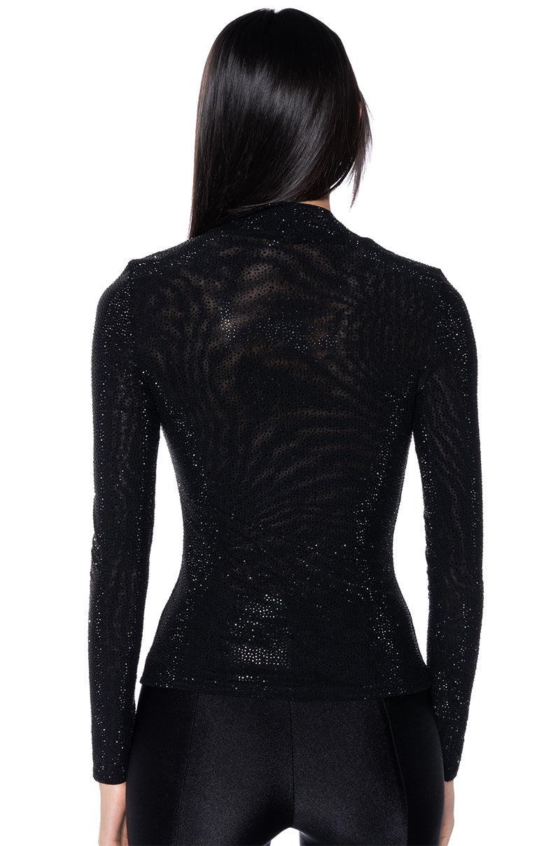 CLARISSA EMBELLISHED LONG SLEEVE MESH TOP