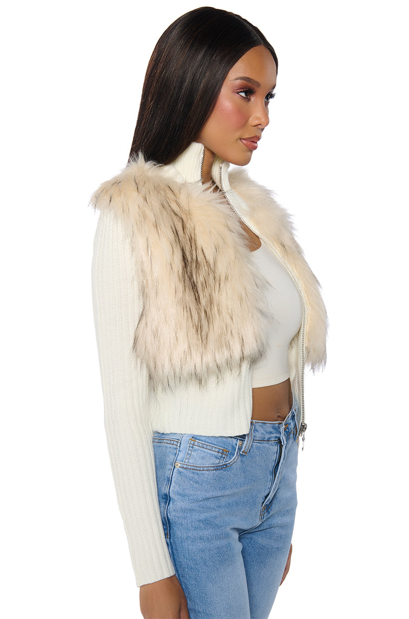 COLDEST WINTER ZIP UP FAUX FUR TRIM KNIT SWEATER IN IVORY